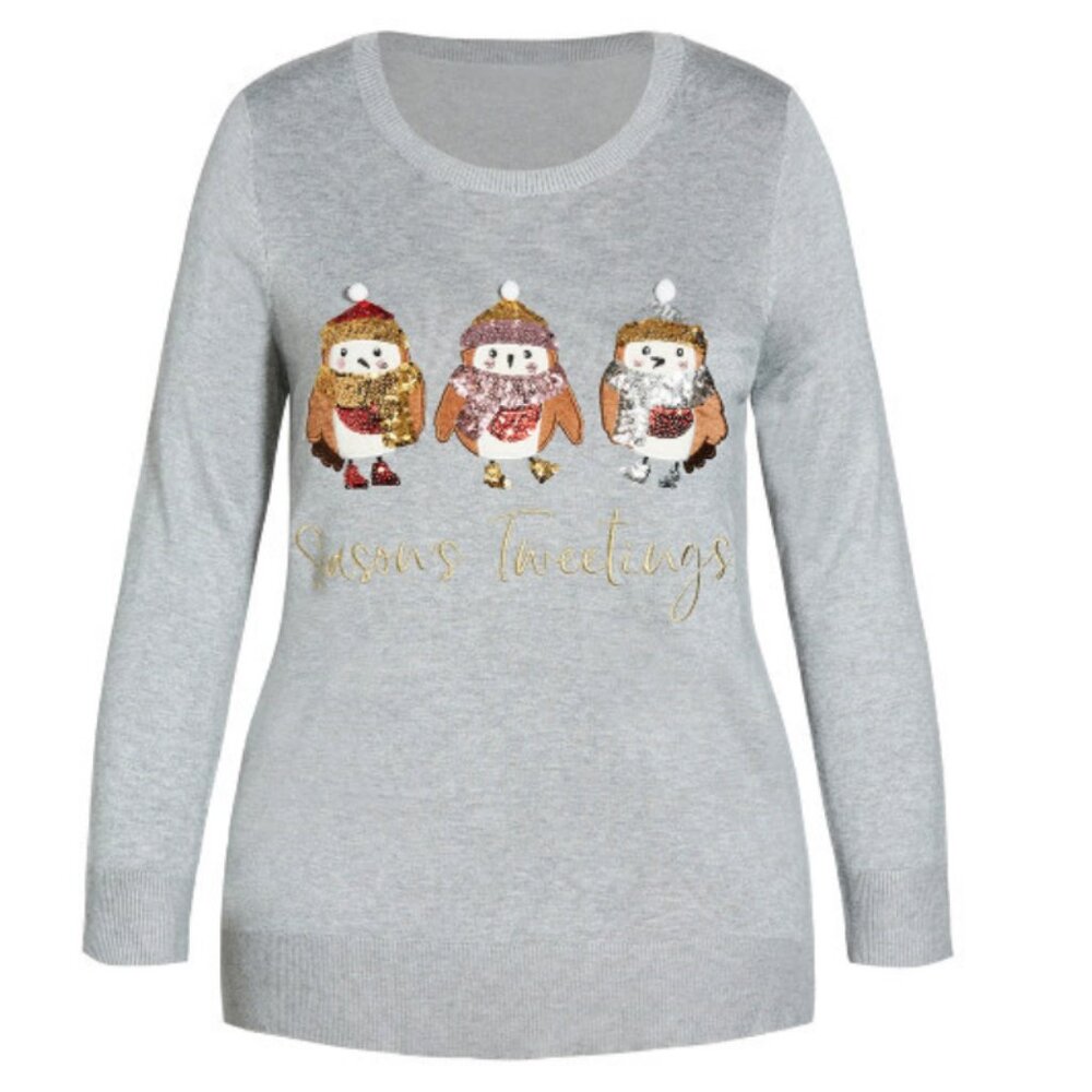 NWT City Chic Evans 22/24 Grey 'Season's Tweetings' Christmas Holiday Sweater